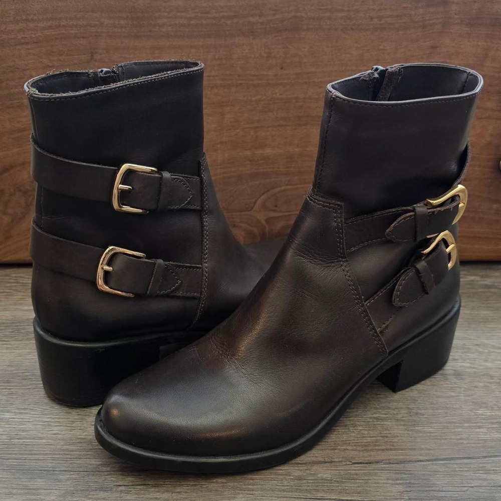 Emanuele Crasto Italian Leather Moto Boots Brown Double Buckle Size 7.5 38